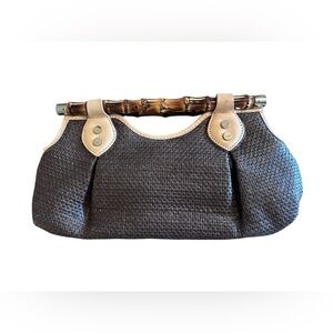 Chic Brown Woven Handbag with Bamboo Handle